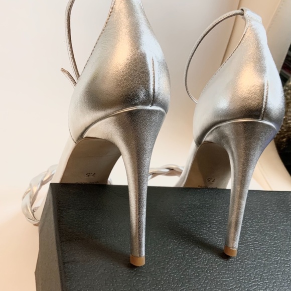 Rachel Zoe Ashton Silver Leather Stiletto Heel Pumps Ankle Strap open toe Sandal - Picture 12 of 16